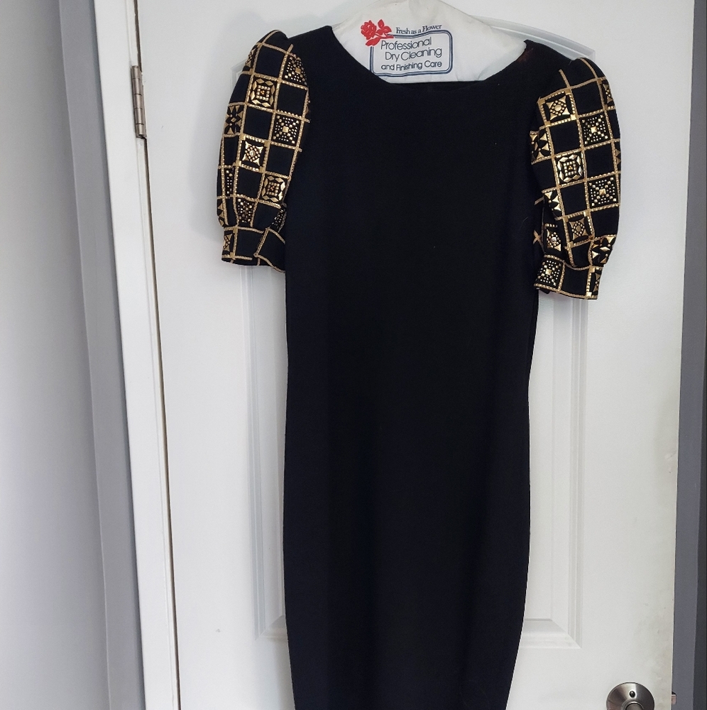 St JOHN KNIT Black Dress with Gold Sleeve Accents
